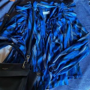 Blue Feather print Sheer Blouse with Neck Bow